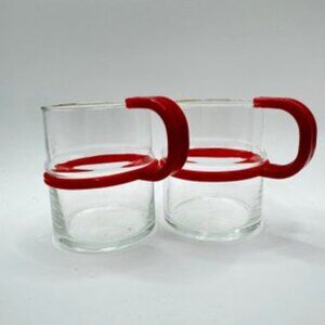 Vintage MCM 1950-1960 Glass Mugs Red Plastic Handles Set of 2